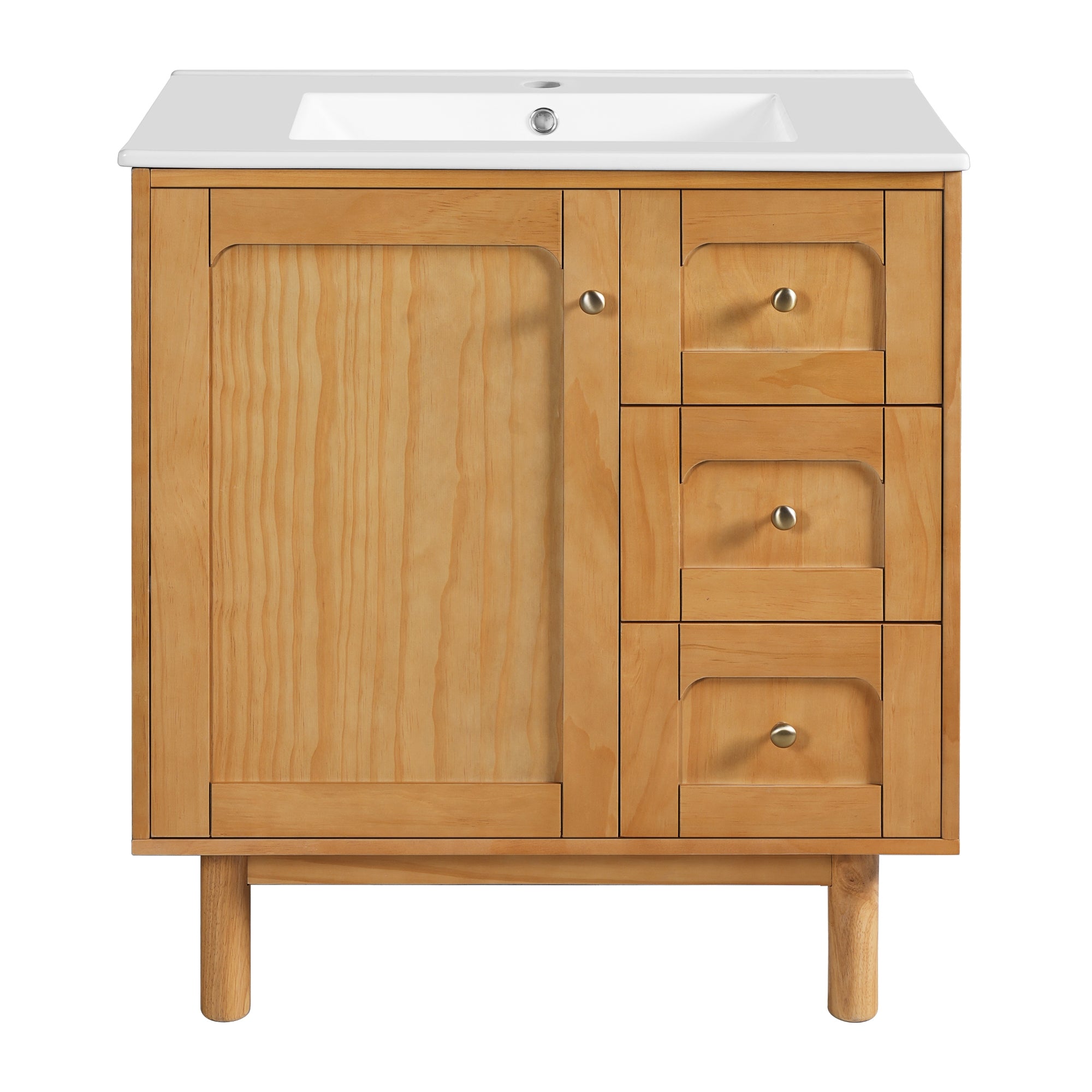 VanityFus 30-in Natural Wood Single Sink Bathroom Vanity with Ceramic Top Undermount 1 Soft-Closing Door 3 Drawers Adjustable Shelves